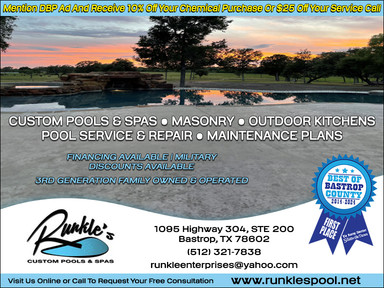 RUNKLE’S CUSTOM POOLS & SPAS, BASTROP COUNTY, TX